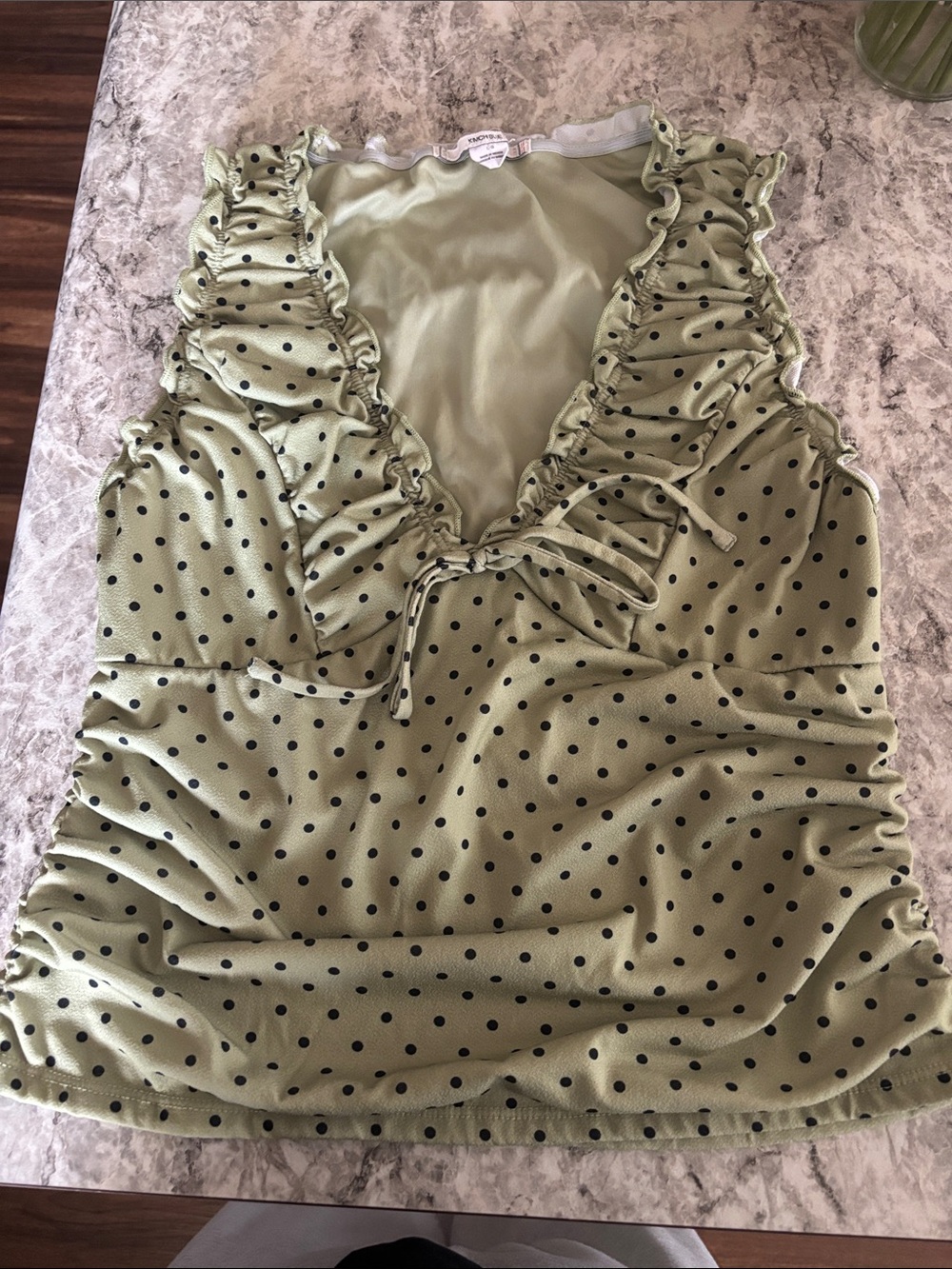 Ruffled V-Neck Polka Dot Tank Top - Olive Green
